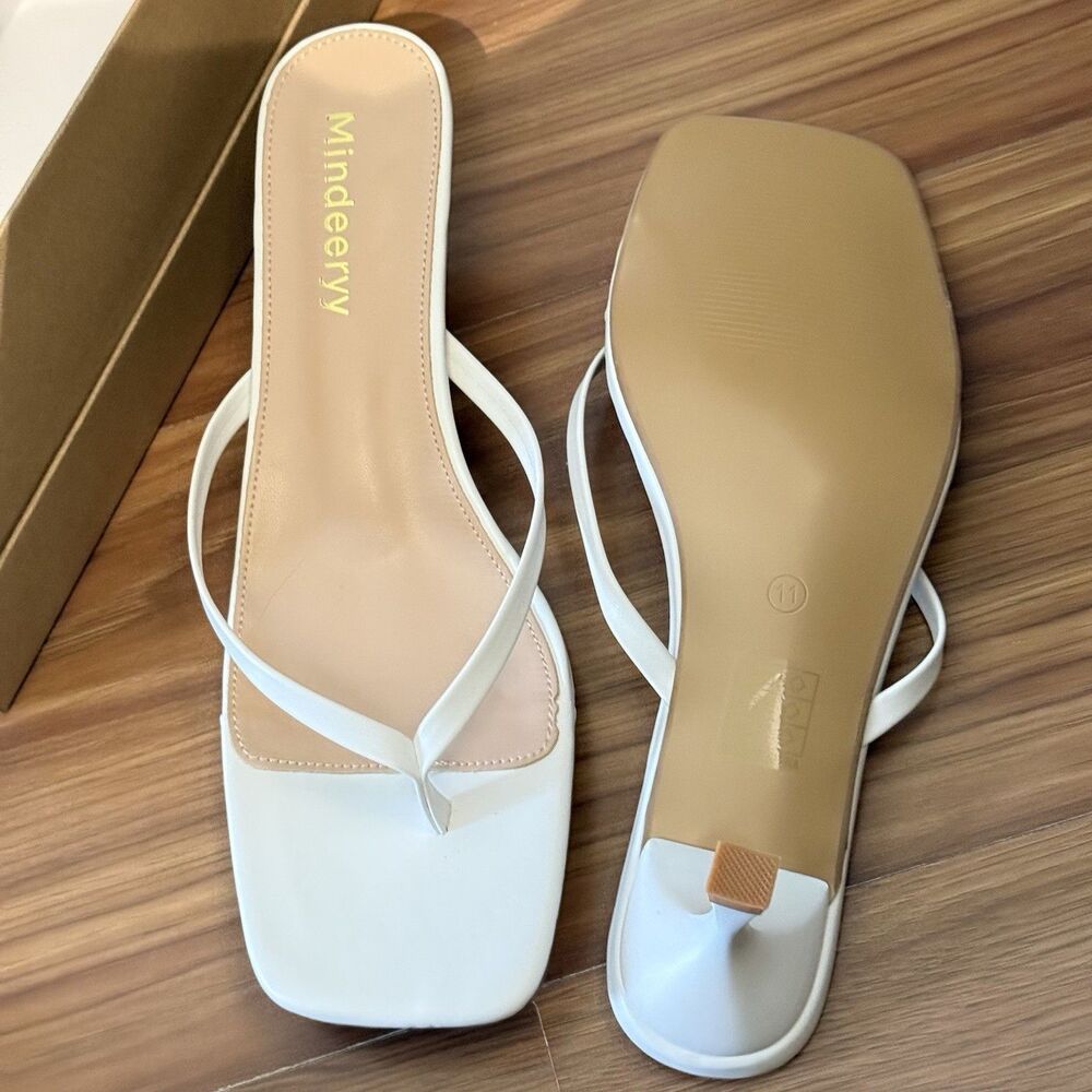 Women's Kitten Heels Flip Flops Square Toe Size 11 Slip On Thong Sandals White - Picture 13 of 16